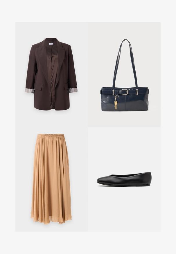 Tamno smeđa zatvorena blazer jakna s reverima, prugastim podstavljem rukava, džepovima s preklopom i glatkom svilenkastom unutrašnjom podstavom.; Svijetlo bež skraćeni džemper s rajsferšlusom i visokom ovratnikom, s teksturiranim uzorkom i rebrastim rukavima i rubom. Kombinira pletivo i tkaninu.; Maxi suknja u svijetloj bež boji, napravljena od lagane tkanine. Ima naboran elastičan pojas i mekane nabore za slobodu kretanja.; Paul Smith TOPANGA - Balerinke - black; Morska kožna torbica s dva duga ramena, detaljem kopče i privjeskom za ključeve. Ima glatku teksturu i pravokutni oblik.