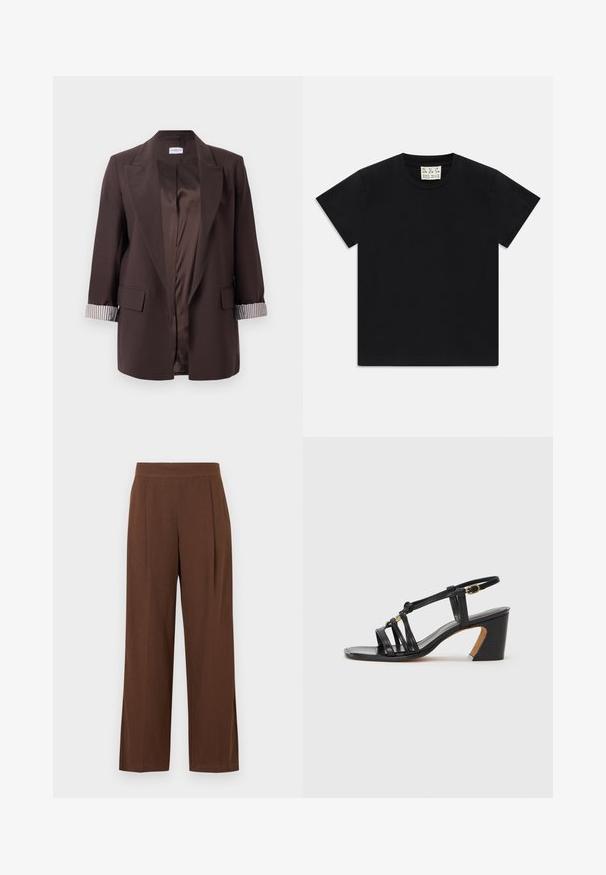 Dark brown open-front blazer with notch lapels, striped cuff lining, flap pockets, and smooth satin-like interior lining.; Black short-sleeve crew neck t-shirt with a white tag inside the collar labeled "D.R.C. EST. 2002" on a white background.; Brown wide-leg trousers with a smooth texture, featuring a flat front and pleats. The waistband is elasticized for comfort and fit.; Paul Smith AMIRA - Classic heels - black