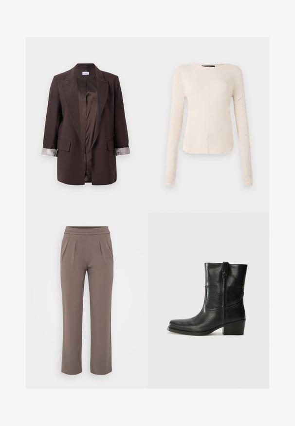 Dark brown open-front blazer with notch lapels, striped cuff lining, flap pockets, and smooth satin-like interior lining.; Long-sleeve, light beige top with a round neckline. Made of soft fabric, features a central seam and slightly curved hem. No visible hardware.; Taupe loose-fit trousers with elastic waistband and front pleats, made from smooth fabric.; Black leather ankle boot with a rounded toe, block heel, side zipper, and stitching accents on the vamp. Smooth texture, classic design.