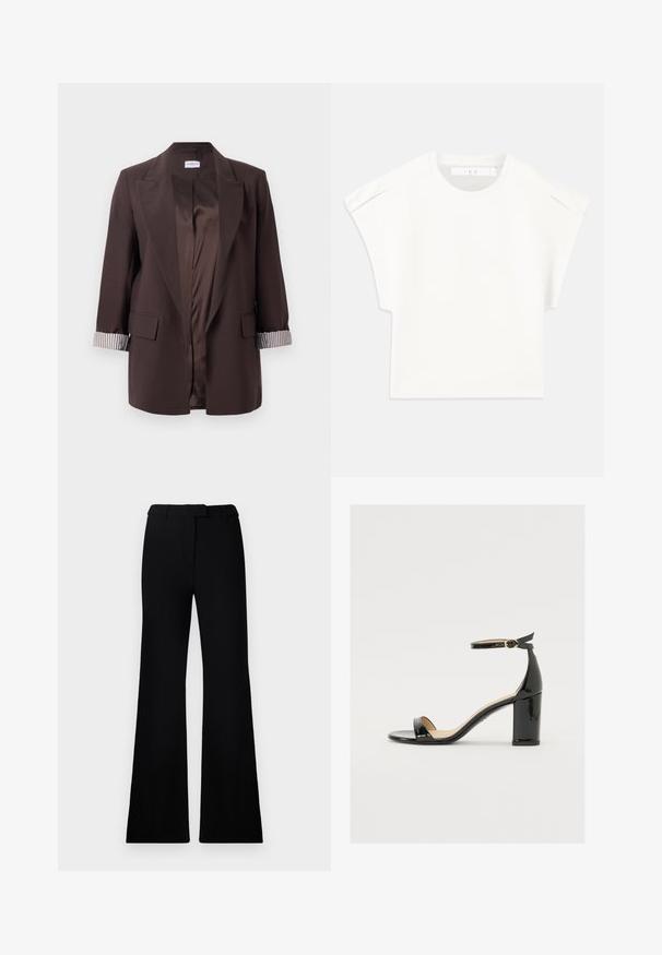 Tamno smeđa zatvorena blazer jakna s reverima, prugastim podstavljem rukava, džepovima s preklopom i glatkom svilenkastom unutrašnjom podstavom.; Bijela majica u kutijastom kroju s kratkim rukavima. Izrađena od glatkog materijala, sa okruglim izrezom i suptilnim naglascima na ramenima. Jednostavan dizajn.; Crne široke hlače s glatkom teksturom, krojenim pojasom i prednjim džepovima, dizajnirane s elegantnim, modernim siluetom.; Crne lakirane sandale s širokim potpeticama, otvorenim prstima i remenom oko gležnja s zlatnom kopčom. Glatka tekstura i elegantan dizajn.