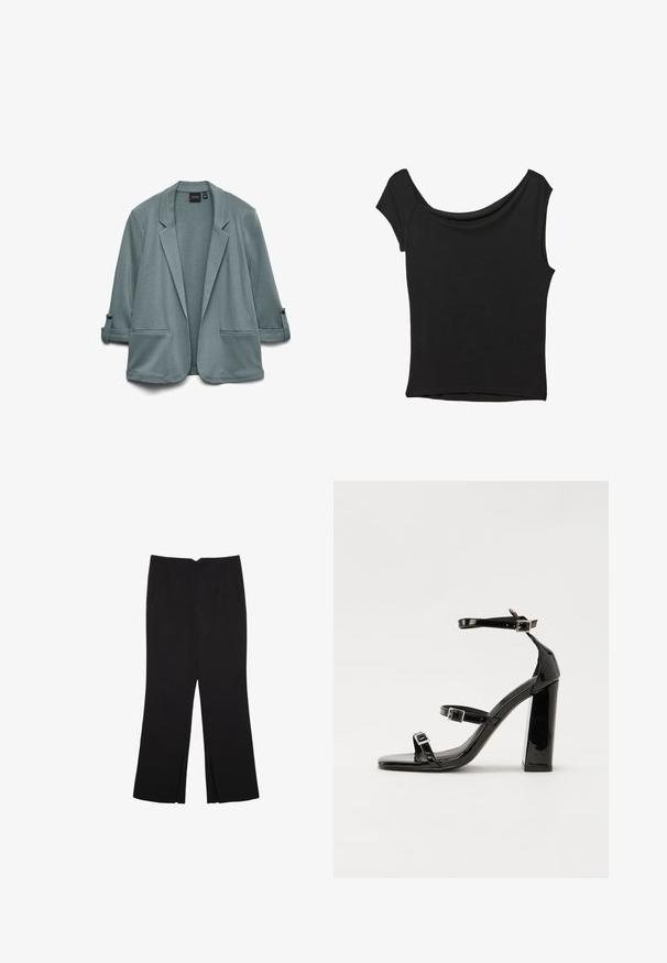 Světlý tyrkysový blejzr s hladkou texturou, klopovými límci, dvěma předními kapsami a vyhrnutými rukávy, které jsou zajištěny knoflíky.; Černý krátký rukáv top vyrobený z hladké látky; má drapovaný výstřih a asymetrický lem, s přiléhavým střihem.; Černé kalhoty s rovným střihem, s předními kapsami a bočními rozparky na lemu. Vyrobené z jemné, hladké tkaniny. Vhodné na různé příležitosti.; Černé lakované sandály na podpatku se čtveratou špičkou, lýtkovými pásky a stříbrnými přezkami. Disponují masivním blokovým podpatkem pro stabilitu.