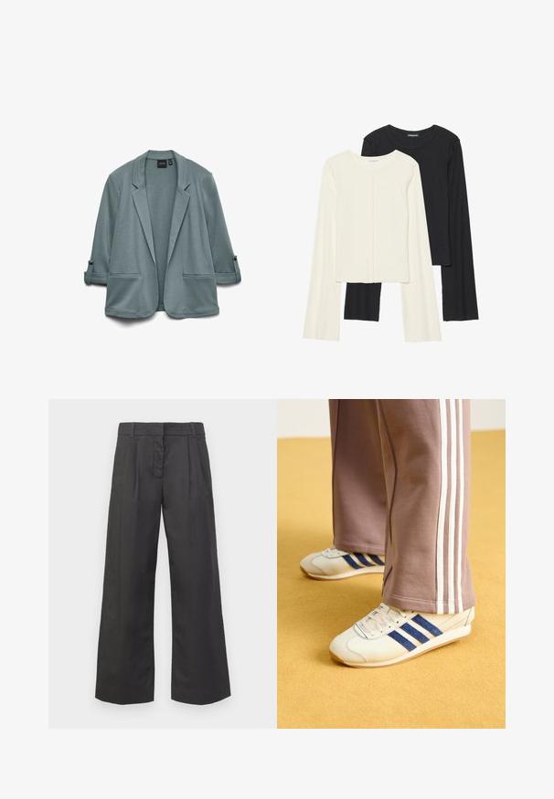 Light teal blazer with a smooth texture, notched lapels, two front pockets, and rolled-up sleeves secured by buttons.; Set of two long-sleeve tops in white and black. Ribbed texture, round neck, fitted design with slightly flared sleeves.; Wide-leg trousers in black fabric, featuring a high waist, front creases, and subtle pockets. Smooth texture with a clean finish.; Cream sneakers with blue suede stripes, white laces, and a rubber sole. Paired with gray sweatpants featuring white side stripes.