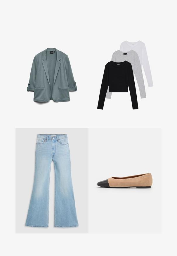 Ljus teal-blazer med en slät yta, kavajslag, två framfickor och uppvikta ärmar fästa med knappar.; Tre långärmade tröjor staplade: svart, grå och vit. Var och en har en rund halsringning och en kort design med mjukt, lätt material.; Ljusblå utsvängda jeans med hög midja, tillverkade av denim. Har en klassisk design med fem fickor och en rå fåll vid bensluten.; Beige mockasins med rund svart lädertå, låg klack och mjuk yta, med minimal sömnad och en ren design.