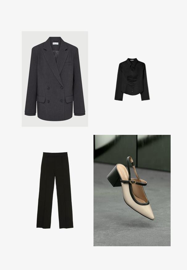 Sivi dvoredni sako s revere ovratnikom, dva prednja džepa i teksturiranom tkaninom. Ima crne dugmadi i glatku unutarnju podstavu.; Crna košulja dugih rukava od glatkog materijala, s izrezom u obliku oštrice, prednjim zatvaranjem na gumbe i skraćenim rubom s bočnim prorezima.; Crne široke hlače izrađene od glatkog materijala, s uskim pojasom i suptilnim prednjim naborima za dodatnu teksturu.; Bež sandala s visokim potpeticama, otvorenom petom, šiljastim vrhom, crnim rubom i detaljem kopče. Glatki materijal s mat završnom obradom, srednja blok potpetica.
