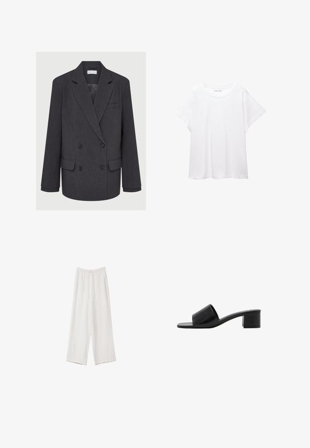 Blazer grigio doppiopetto con rever a punta, due tasche frontali e tessuto testurizzato. Presenta bottoni neri e una fodera interna liscia.; T-shirt bianco realizzato in un tessuto morbido e leggero. Presenta un collo rotondo e maniche corte e larghe con vestibilità morbida. Nessun motivo visibile.; Pantaloni a gamba larga bianchi realizzati in un tessuto leggero. Presentano una vita elastica con cordoncino e tasche laterali. Texture liscia.; Sandal in pelle nera open-toe con una fascia ampia e un tacco a blocco solido. Caratterizzato da una texture liscia e un design minimale.