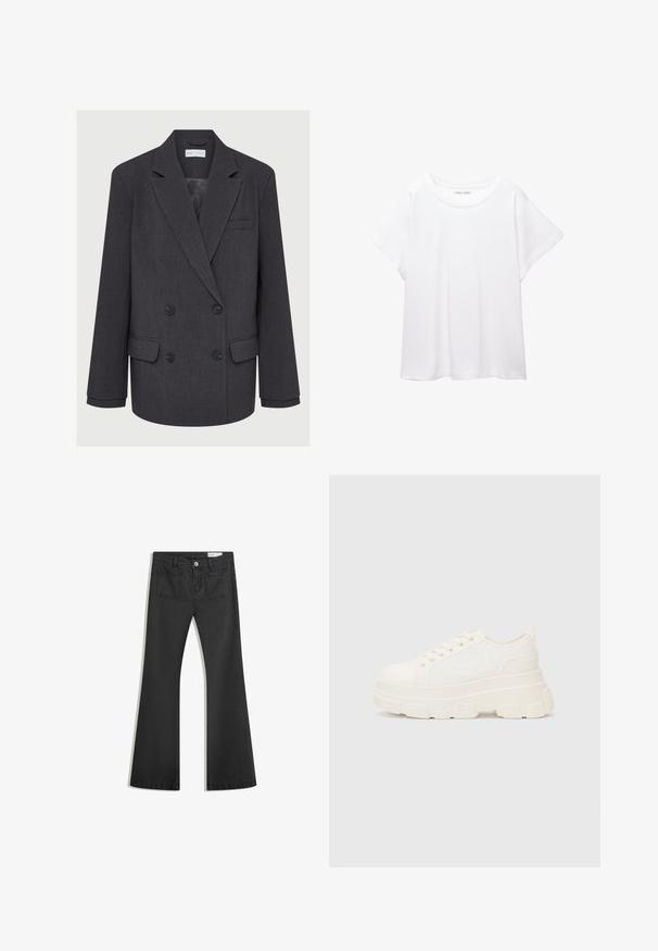 Sacou gri cu două rânduri de butoane, cu rever notchetat, două buzunare frontale și țesătură texturată. Prezintă butoane negre și o căptușeală interioară netedă.; Tricou alb dintr-un material moale și ușor. Prezintă un decolteu rotund și mâneci scurte, largi, cu un croi lejer. Fără modele vizibile.; Blugi negri evazați din denim cu o textură netedă, având două buzunare la spate și închidere cu buton la talie.; Tenisi albi din pânză cu o talpă groasă, vârf rotund și cinci gauri pentru șireturi. Tab pentru ușurința la încălțare. Textură netedă, design minimalist.