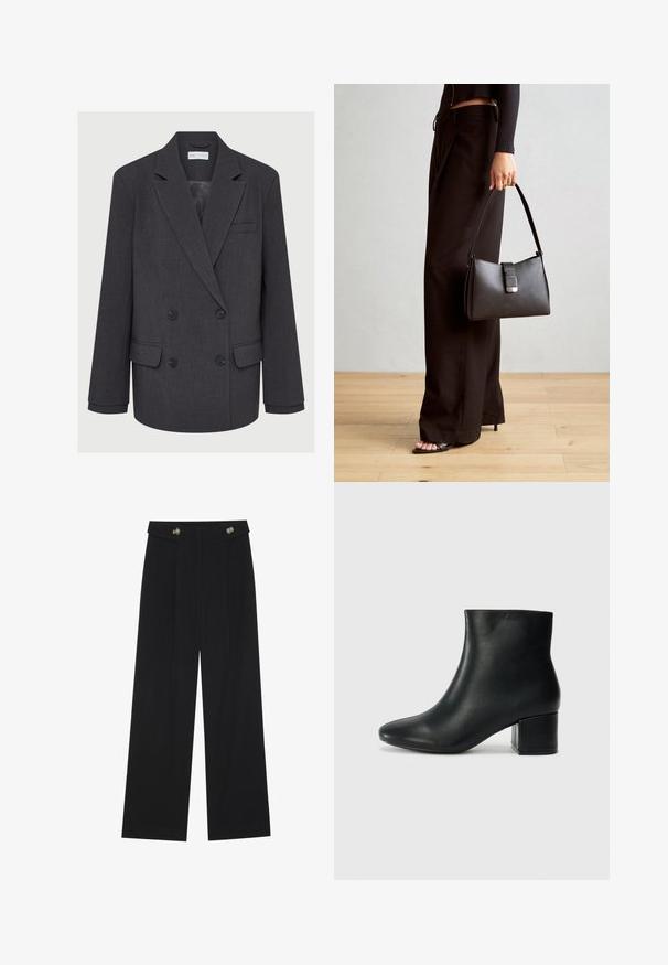 Szürke, dupla mellényes blézer lejjebb vágott hajtókával, két elülső zsebbel és texturált anyaggal. Fekete gombokkal és sima belső béléssel rendelkezik.; Barna, hosszú ujjú bordázott felső, kerek nyakkivágással. Simább, rugalmas anyagból készült, illeszkedő fazonú és minimális részletezéssel.; Fekete, bő szárú nadrág magas derékkal, gombos részletekkel a derékrészen és elülső pliszékkal.; Fekete bőr bokacsizma hegyes orral és vastag sarokkal. Sima felület minimális díszítéssel és karcsú, passzos kialakítással.; Fekete kézi táska strukturált formával, sima textúrával és fémből készült záródással. Széles fekete nadrággal és nyitott orrú szandállal párosítva, fából készült padlón.