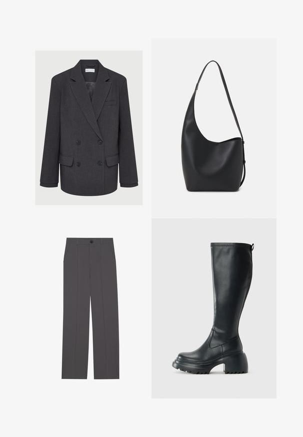 Blazer gris de doble botonadura con solapas con muescas, dos bolsillos frontales y tejido texturizado. Presenta botones negros y un forro interior suave.; Camiseta de algodón negra de manga corta, con un pequeño gráfico de mariposa rosa en el lado izquierdo del pecho. Diseño de cuello redondo con un corte relajado.; Pantalones grises con un diseño de pierna recta, que cuentan con dos bolsillos laterales y un cierre de botón. Tejido suave sin patrones o acentos visibles.; Bota alta de cuero negro con suela de plataforma gruesa y tacón cuadrado, que cuenta con una lengüeta y un relieve texturizado en la suela exterior.; Bolso tipo hobo de cuero negro con una textura suave, forma curvada y una sola correa ajustable; presenta una amplia apertura en la parte superior.