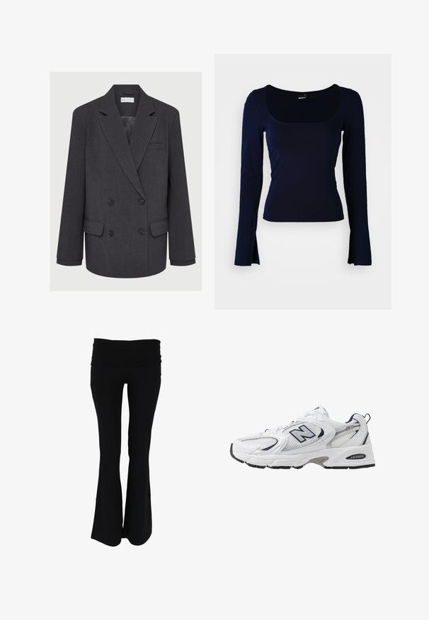 Szary dwurzędowy blezer z wyłogami, dwoma przednimi kieszeniami i teksturowanym materiałem. Posiada czarne guziki i gładką podszewkę.; Granatowa bluzka z długim rękawem o prostokątnym dekolcie, wykonana z gładkiego, elastycznego materiału. Charakteryzuje się dopasowanym krojem i lekko poszerzanymi końcami rękawów.; Czarne dzwonowate legginsy do jogi z szerokim, elastycznym pasem. Wykonane z miękkiej, lekkiej tkaniny, o gładkiej fakturze i bez widocznych wzorów.; Białe sportowe buty z siateczkową cholewką, granatowymi akcentami i wyściełaną podeszwą. Posiadają logo "N", sznurówki oraz teksturowany detal po boku.