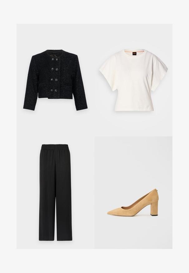 Μαύρο tweed κοντό σακάκι με στρογγυλή λαιμόκοψη, υφασμάτινη υφή και έξι μεγάλους μαύρους κουμπιά μπροστά. Με αυλακωτούς γιακάδες και δύο τσέπες.; Λευκό κοντομάνικο μπλουζάκι, φαρδιές κοντές μανίκες, μαλακό βαμβακερό υλικό, στρογγυλή λαιμόκοψη με διακριτική πορτοκαλί λεπτομέρεια, μινιμαλιστικός σχεδιασμός, χωρίς σχέδια ή γραφικά.; Μαύρο παντελόνι σε φαρδιά γραμμή με ελαστική μέση, κατασκευασμένο από ένα λείο, ελαφρύ ύφασμα. Διαθέτει ίσια κοπή και χωρίς ορατά σχέδια.; Μπεζ σουέτ ψηλοτάκουνα παπούτσια με λεπτή μύτη και χοντρό τετράγωνο τακούνι. Το υλικό έχει απαλή υφή με ομαλή φινίρισμα.
