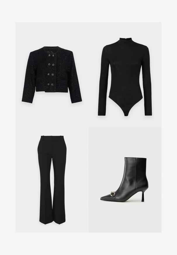 Svart tweed kort jacka med rund halsringning, texturerat tyg och sex stora svarta knappar fram. Notch-lapel och två fickor.; Svart långärmad bodysuit med hög krage och subtil textur. Har en dragkedja bak och en tanga underdel.; Svarta plisserade byxor med rak bendesign, tillverkade av ett smidigt tyg. Har hög midja och osynliga sidfickor.; Svart läderankelboot med spetsig tå, smal medelhög klack och silverfärgad spänndetalj på sidan mot en enfärgad bakgrund.