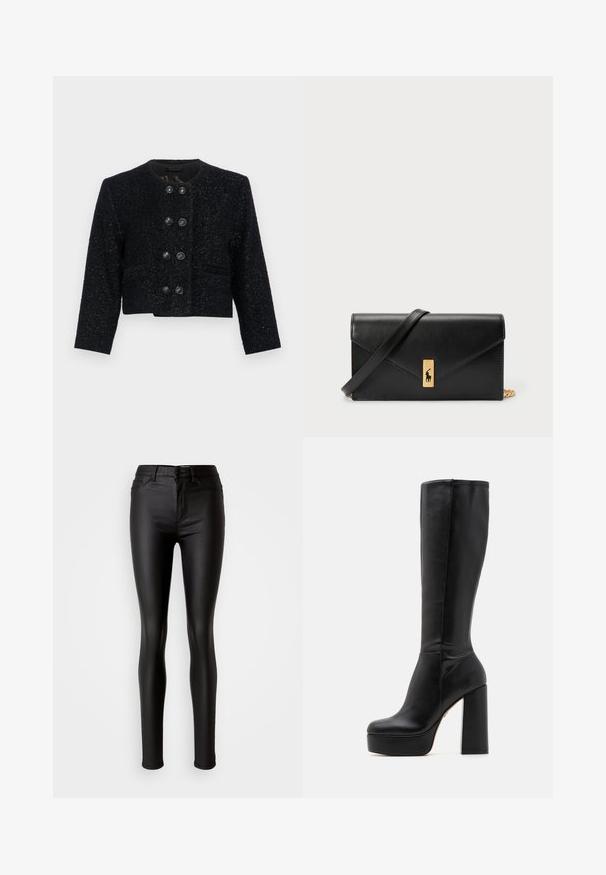 Giacca cropped in tweed nero con scollo rotondo, tessuto testurizzato e sei grandi bottoni neri sul davanti. Rever a punta e due tasche.; T-shirt blu navy con strisce bianche orizzontali, maniche corte e scollatura rotonda. Realizzato in tessuto morbido con una forma aderente.; Jeans skinny neri in ecopelle con una consistenza liscia, vita alta, chiusura con bottone e design tradizionale a cinque tasche.; Stivali neri al ginocchio realizzati in pelle liscia con finitura testurizzata, con un alto tacco quadrato e una punta rotonda.; Portafoglio in pelle nera con pattina a pieghe, accessori dorati, con un logo decorativo. Include una tracolla staccabile per il trasporto.