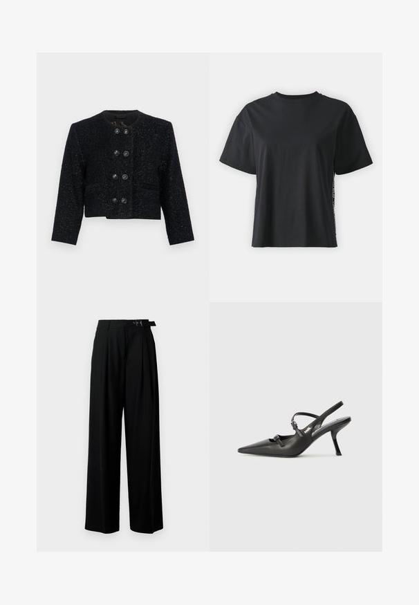 Chaqueta corta de tweed negro con cuello redondo, tejido texturizado y seis grandes botones negros en la parte delantera. Con solapas de punta y dos bolsillos.; Camiseta de algodón negra de manga corta con un corte relajado y un panel lateral en contraste que presenta texto pequeño y detalles de diseño.; Pantalones de pierna ancha negros con cintura alta, pliegues en la parte delantera y un cinturón con hebilla. Confeccionados con una tela suave y liviana.; Tacones slingback de cuero negro con punta afilada, tacón delgado y detalle decorativo de hebilla en la parte superior. Textura suave y diseño elegante.