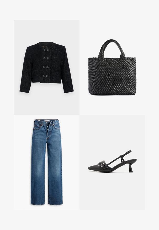 Svart tweed kort jacka med rund halsringning, texturerat tyg och sex stora svarta knappar fram. Notch-lapel och två fickor.; Svart ribbad linne med rund halsringning och vit broderad logotyp. Har en figurnära silhuett och en ren, rak fåll.; Blå denimjeans med bred bendesign, fem fickor, knappgylf och kontrasterande sömmar. Texturerad tyg med en blekt finish.; Simmi London DALA - Pumps - black; Svart vävd toteväska med två handtag, med en texturerad yta och rektangulär form. Enkel, unik design utan synlig hårdvara.