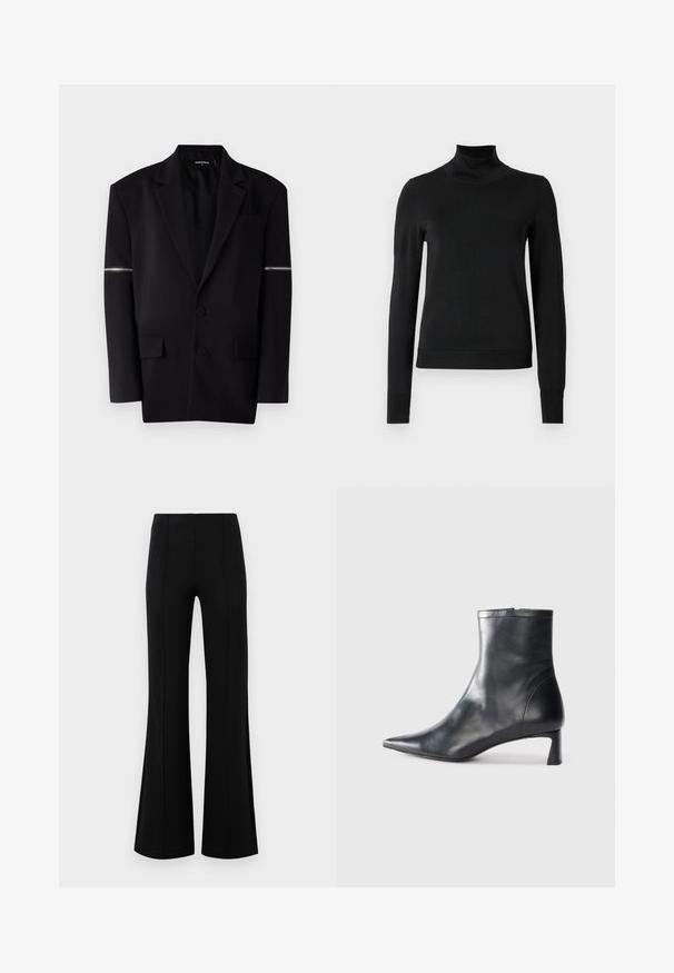 Blazer noir avec un design structuré, deux boutons à l'avant, trois poches et un détail de zip unique sur la manche gauche. Tissu lisse et ajusté.; Pull à col roulé noir à manches longues avec des poignets et un ourlet côtelés, présenté sur un fond blanc uni.; Pantalons évasés noirs avec une taille haute, fabriqués en tissu extensible. Présente des détails de couture verticaux sur le devant et une texture lisse.; Bottine en cuir noir avec un bout pointu et un design épuré. Présente un petit talon et une fermeture éclair à l'arrière. Texture lisse.