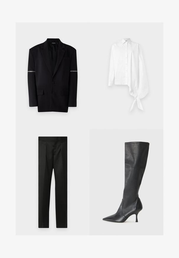 Black blazer with structured design, two front buttons, three pockets, and a unique zip detail on the left sleeve. Smooth, tailored fabric.; White long-sleeve button-up shirt with an asymmetric oversized gathered sleeve tied at the wrist on the right side.; Black trousers featuring a smooth fabric, tailored design, straight legs, and a flat waistband with no visible closures or pockets.; Knee-high black leather boots with a pointed toe and a slim stiletto heel. Smooth texture with a fitted design and stitching at the top edge.