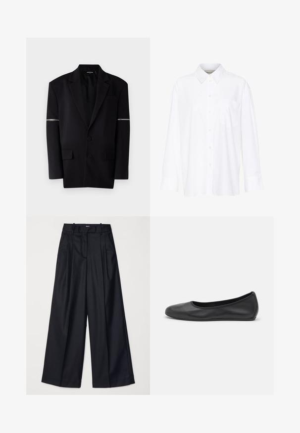 Blazer noir avec un design structuré, deux boutons à l'avant, trois poches et un détail de zip unique sur la manche gauche. Tissu lisse et ajusté.; Chemise blanche à manches longues avec col, en coton. Présente un devant à boutons et une poche poitrine unique. Texture lisse, coupe décontractée.; Pantalons noirs à jambes larges en tissu lisse, dotés d'une taille haute, de plis et d'une coupe ajustée. Quincaillerie noire simple à la taille.; Ballerines en cuir noir avec un bout rond, texture lisse, détails de couture minimalistes et design de semelle flexible.