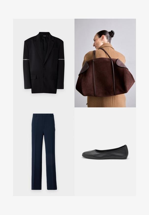 Blazer nero con design strutturato, due bottoni frontali, tre tasche e un dettaglio zip unico sulla manica sinistra. Tessuto liscio e sartoriale.; Camicia bianca a maniche lunghe con colletto in cotone. Caratterizzata da una chiusura con bottoni e una tasca sul petto singola. Tessuto liscio, vestibilità comoda.; Pantaloni blu navy realizzati in tessuto morbido, con un design a gamba dritta, pieghe frontali e tasche laterali per un look sartoriale.; Pantofole da balletto nere in pelle con punta arrotondata, texture liscia, dettagli di cucitura minimi e design con suola flessibile.; Borsa in suede marrone con dettagli in pelle scura, caratterizzata da una forma strutturata e due manici, portata a spalla contro un cappotto beige.
