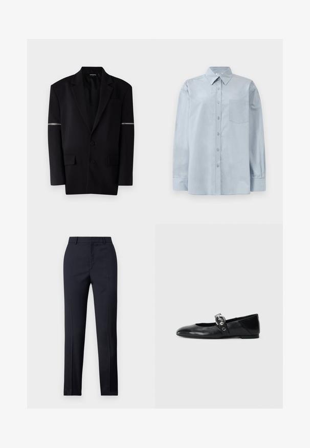 Black blazer with structured design, two front buttons, three pockets, and a unique zip detail on the left sleeve. Smooth, tailored fabric.; Light blue long-sleeve button-up shirt with pointed collar and chest pocket, laid flat on a white background.; Navy tailored trousers with a straight cut, featuring a smooth texture, two front pockets, and a clean waistband.; Black leather ballet flats with a pointed toe, featuring a strap with a circular metallic buckle and a flat sole.