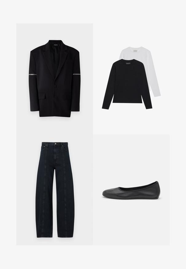 Blazer noir avec un design structuré, deux boutons à l'avant, trois poches et un détail de zip unique sur la manche gauche. Tissu lisse et ajusté.; Deux hauts à manches longues : un noir et un blanc. Tous deux présentent un col rond et une texture lisse et côtelée. Étiquette de la marque visible à l'intérieur du col.; Jeans en denim foncé à jambes larges et taille haute, avec des coutures contrastées et un style classique à cinq poches. Texture lisse, sans motifs visibles.; Ballerines en cuir noir avec un bout rond, texture lisse, détails de couture minimalistes et design de semelle flexible.