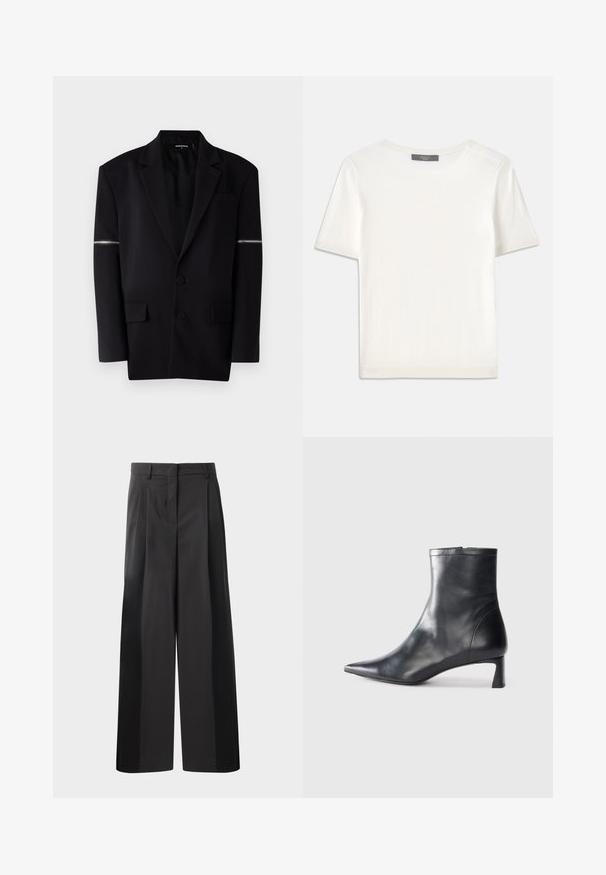 Black blazer with structured design, two front buttons, three pockets, and a unique zip detail on the left sleeve. Smooth, tailored fabric.; White short-sleeve knit top with a round neckline, featuring a smooth texture and subtle ribbed accents at sleeves and hem.; Black wide-leg trousers with a high waist, featuring front pleats, a smooth texture, and a tailored finish. Designed for a relaxed fit.; Black leather ankle boot with a pointed toe and a sleek design. Features a low heel and a zipper closure at the back. Smooth texture.