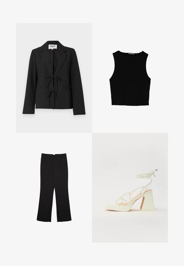 Čierny blazer s uzáverom na kravatu, s klopovými límci a dvoma prednými vreckami. Vyrobený z hladkej tkaniny, s dlhými rukávmi a strihom na mieru.; Čierny bezrukávový crop top vyrobený z hladkej tkaniny, so zaobleným výstrihom a čistým, jednoduchým dizajnom bez vzorov alebo kovania.; Čierne nohavice so strihom rovného strihu, s prednými vreckami a bočnými rozparkami na leme. Vyrobené z mäkkej, hladkej tkaniny. Vhodné na rôzne príležitosti.; Biele sandále na vysokom opätku s hrubým podpätkom, s pruhovaným dizajnom a viazaním na členku. Hladký povrch s platformou vpredu pre zvýšenú výšku.