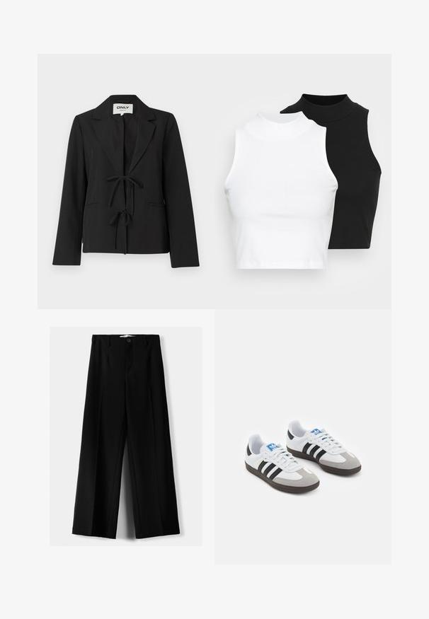 Fekete blézer nyakkendő záródással, kifordított hajtókákkal és két elülső zsebbel. Simaságot sugárzó anyagból készült, hosszú ujjú és testhez simuló fazonnal.; Két ujjatlan, bordázott garbós top fekete és fehér színben, testhezálló kialakítással és sima textúrával, rövidített hosszal.; Fekete, bő szárú nadrág, könnyű anyagból, elöl gombos záródással és sima elfröccsenésű fazonnal, szépen varrott szegélyekkel.; Fehér bőr felsőrészes sportcipő, szürke velúrból készült orral és három fekete csíkkal. Jellemzője a kék logó a nyelvén és egy texturált gumitalp.