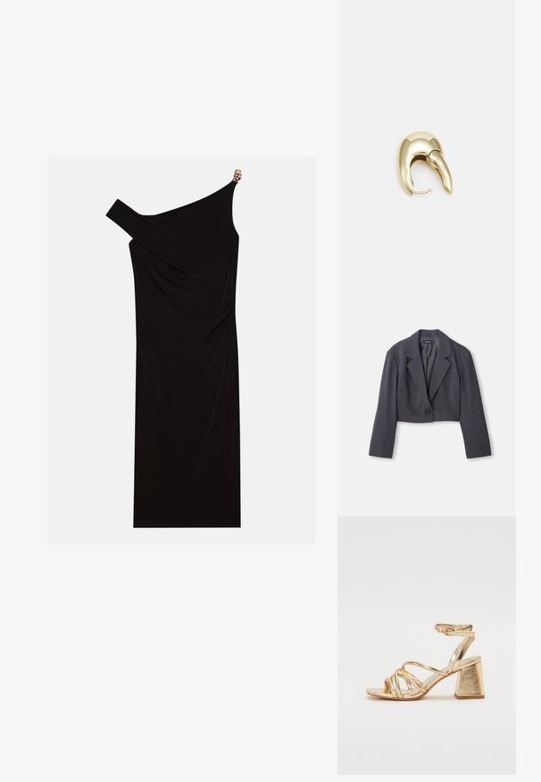 Kuttet mørk grå blazer med strukturert krage, enkel knappelukking og lange ermer. Lett tekstur med detaljert frontlomme.; Svart en-skulder kjole laget av drapert stoff med en gyllen detalj på skulderen, glatt tekstur og kne-lengde design.; Gyldne metalliske hæle-sandaler med en strappy design, kvadratisk blokhælhæl og justerbar ankelrem med spænde. Glat tekstur.; Gullfarget metalløredobber med et elegant, buet design. Har en karakteristisk spiss form, polert overflate og hengsel-lukking.