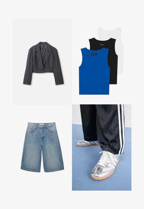 Rövidített sötétszürke blézer, strukturált gallérral, egynyomású gombzárral és hosszú ujjakkal. Könnyű textúra és elülső zsebbekkel.; Három ujjatlan póló kék, fekete és fehér színben. Az anyaga bordázott, kerek nyakkivágással. Minden pólón egy "even&odd" feliratú címke található.; PULL&BEAR Farmer rövidnadrágok - blue denim; Fémes ezüst színű sneaker cipők fehér fűzőkkel és három fehér csíkkal, fekete csíkozott nadrággal párosítva. Az alján gumi talp kiemelés.