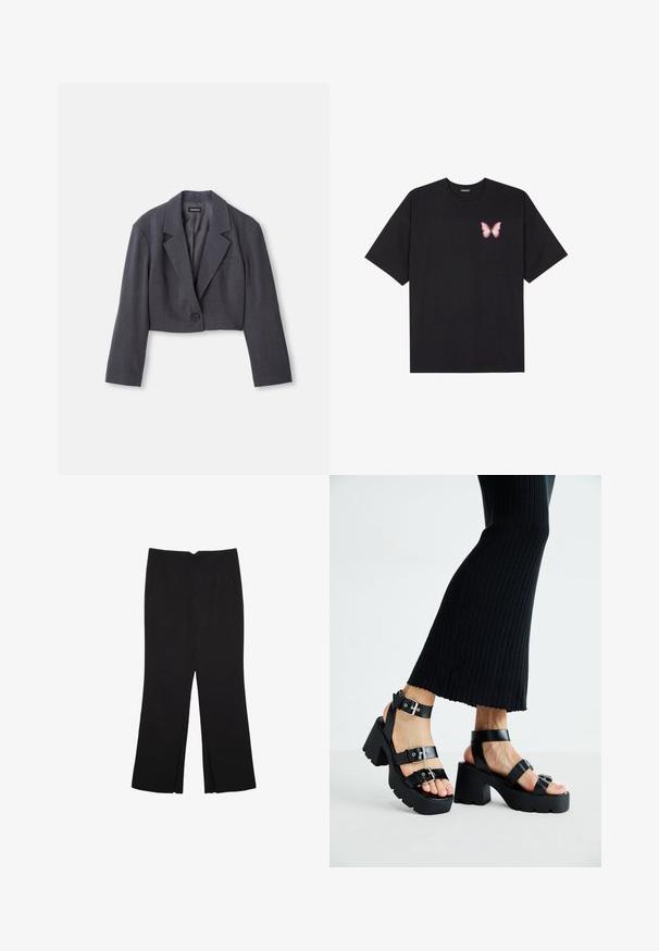 Blazer grigio scuro a maniche lunghe con colletto strutturato, chiusura a un bottone e dettagli di tasca frontale. Tessuto leggero.; T-shirt nera in cotone con maniche corte, caratterizzata da una piccola grafica di una farfalla rosa sul lato sinistro del petto. Design a girocollo con una vestibilità rilassata.; Pantaloni neri a gamba dritta, con tasche frontali e spacchi laterali all'orlo. Realizzati in tessuto morbido e liscio. Adatti a diverse occasioni.; Sandali neri con piattaforma, suole chunky e tassellate, dotati di molteplici cinturini, con fibbie in metallo e un texture simile alla pelle liscia.