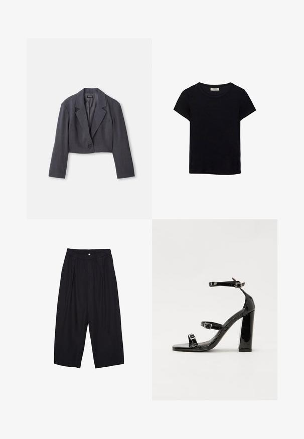 Zkrácený tmavě šedý blazer se strukturovaným límcem, jedním knoflíkem na zapínání a dlouhými rukávy. Světlá textilie s přední kapsou.; Černé tričko s krátkým rukávem vyrobené z měkké látky. Má klasický kulatý výstřih a volný střih. Žádné vzory nebo akcenty nejsou viditelné.; Černé polyesterové culotte kalhoty s elastickým pasem, dvěma předními sklady a volným siluetou. Žádné viditelné vzory ani kovové detaily.; Černé lakované sandály na podpatku se čtveratou špičkou, lýtkovými pásky a stříbrnými přezkami. Disponují masivním blokovým podpatkem pro stabilitu.