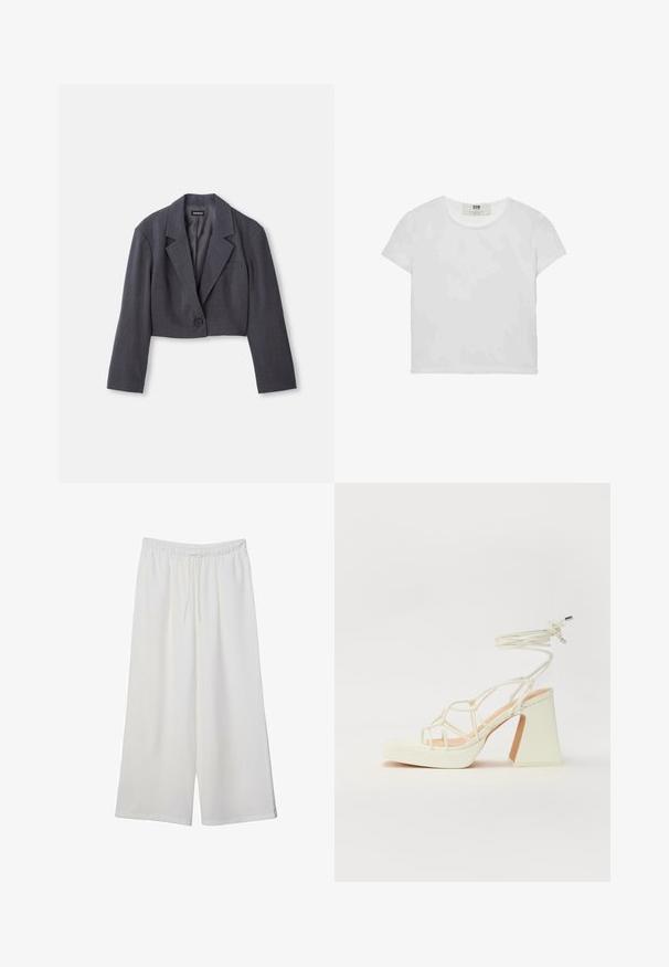 Lyhyt tummanharmaa bleiseri, jossa on rakenteellinen kaulus, yksittäinen nappisulku ja pitkät hihat. Kevyt rakenne etutaskunitkalla.; Lyhythemmtä, pyöreäkauluksista valkoista t-paitaa, joka on valmistettu pehmeästä puuvillasta. Paidassa on yksinkertainen, selkeä muotoilu ilman näkyviä kuvioita tai korostuksia.; Valkoiset leveälahkeiset housut, jotka on valmistettu kevyestä kankaasta. Niissä on joustava vyötärö ja nauha säädettävää istuvuutta varten. Sileä pinta.; Valkoinen korkokenkä, jossa on paksu korko, ja joka sisältää nauhakiinnityksen ja nilkkaketjun. Sujuva pinta, jossa on platform-etupohja lisäkorkeutta varten.