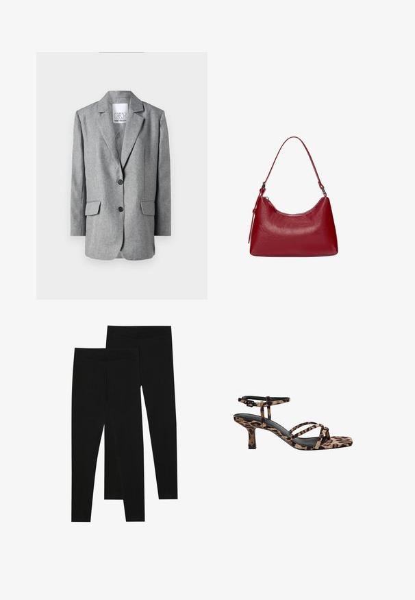 Sivý blazer s textúrovanou tkaninou, so zárezovými klopami, dvoma prednými vreckami a zapínaním na dva gombíky. Obsahuje potlačenú vnútornú etiketu.; Dvoje dlhých rolákov, jeden biely a jeden čierny, vyrobených z hladkej, elastickej tkaniny, obidva so slim-fit strihom a vysokými goliermi.; Čierne legíny vyrobené z elastického materiálu, s bezšvovým pásom a elegantným strihom, vhodné na bežné nosenie alebo cvičenie.; Sandále na podpätku s leopardím vzorom, s hranatou špičkou, viacerými popruhmi a stredne vysokým podpätkom. Vyrobené z mäkkého textilného materiálu.; Červená kožená taška cez rameno s zakriveným dizajnom, hladkou textúrou a zipsovým uzáverom. Obsahuje tenký popruh na nosenie.