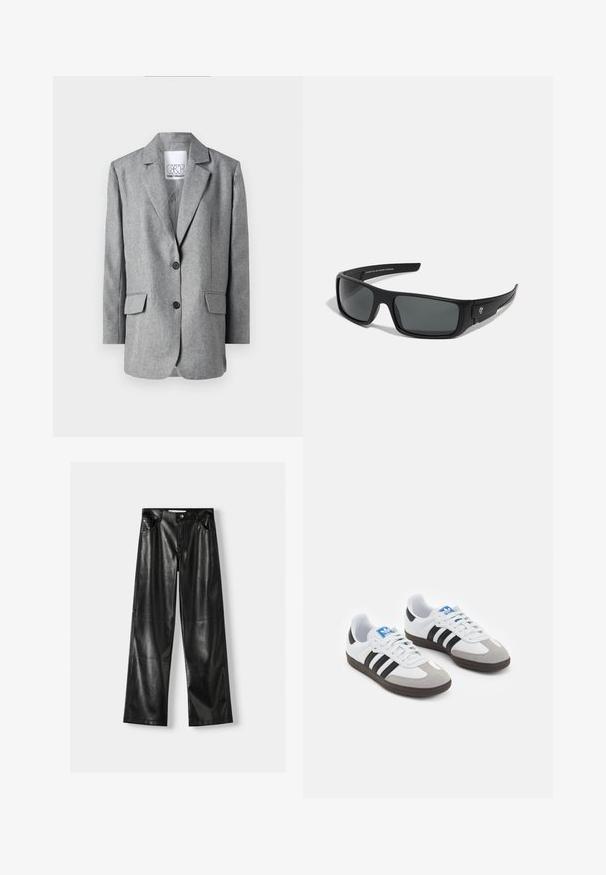 Šedý blazer s texturovanou tkaninou, s klopami, dvěma předními kapsami a zapínáním na dva knoflíky. Obsahuje potištěnou vnitřní štítek.; Dvoje triček s dlouhým rukávem: jedno černé a jedno bílé. Obě mají kulatý výstřih a hladkou, žebrovanou strukturu. Na vnitřní straně výstřihu je viditelná značková etiketa.; Černé kožené široké kalhoty s lesklou texturou, které mají dvě přední kapsy, zapínání na knoflík a viditelné švy.; Sportovní boty s bílým koženým svrškem, šedou semišovou špičkou a třemi černými pruhy. Obsahují modré logo na jazyku a texturovanou gumovou podrážku.; Černé sluneční brýle s obdélníkovým rámem, tmavě šedými skly a hladkým plastovým povrchem. Výrazný logotyp na boku.; Černá kožená kabelka na rameno s hladkým povrchem, zakřiveným vrškem a jedním popruhem. Disponuje zipovým zavíráním a minimalistickým designem.