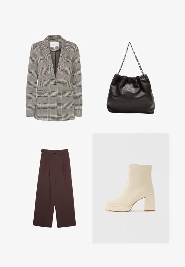 Siv plaid blazer iz tkanine. Ima zarezne reverje, enojno gumbasto zapiranje, dve sprednji žepu in strukturirano silhueto.; Temno siva kratka majica s čolnasto izrezom. Narejena iz rebraste tkanine, ki ima sproščen kroj in čist rob. Preprost dizajn, brez vzorcev.; Stradivarius WIDE-LEG WITH BUCKLE DETAIL - Hlače - dark brown; Bež usnjena gležnjarica z blok peto in platformo, gladka površina in rahlo kvadratni prst, obrnjena levo na belem ozadju.; Rjava usnjena torba z nabranim vrhom in verižnim trakom. Gladka tekstura z sijajno površino in subtilnimi šivi na straneh.