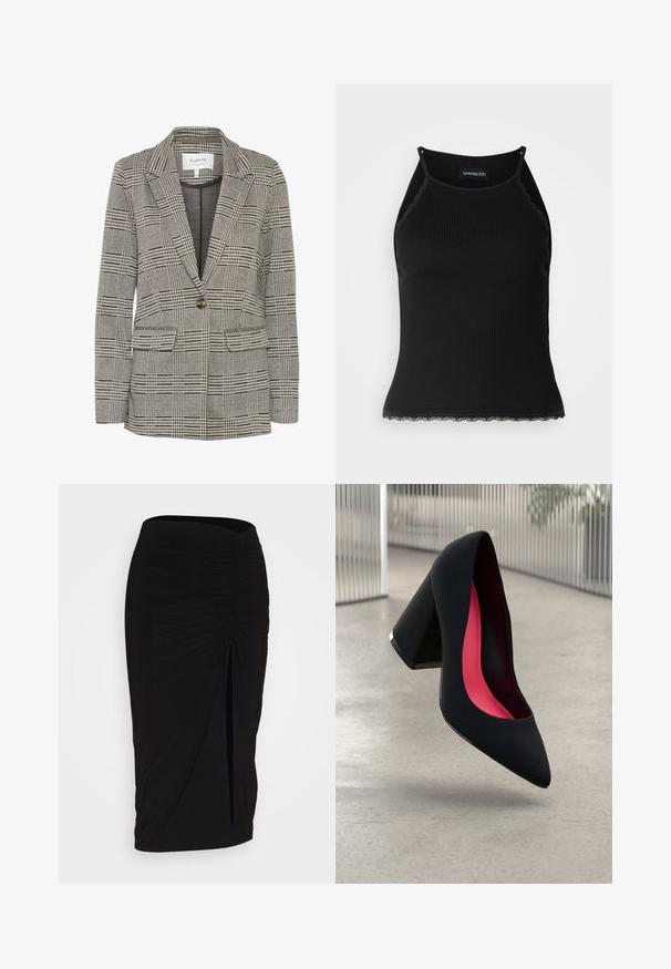 Blazer à carreaux gris en tissu tissé. Il présente des revers à cran, une fermeture à un bouton, deux poches avant et une silhouette structurée.; Débardeur noir à côtes avec une bordure en dentelle festonnée à l'ourlet. Présente des bretelles fines et une coupe ajustée. Fabriqué en tissu extensible.; Jupe crayon noire froncée avec détail à nouer et fente latérale. Fabriquée à partir d'un tissu extensible, elle présente une texture lisse et une coupe ajustée.; Chaussure à talon noir avec un bout pointu, surface texturée et un intérieur rose vif. Dotée d'un talon épais avec un accent en argent.