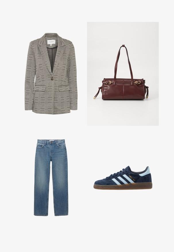 Szary w kratę żakiet wykonany z tkaniny tkanej. Posiada klapy typu notch, zapięcie na jeden guzik, dwie przednie kieszenie oraz strukturalny fason.; Biała bluzka z długim rękawem wykonana z prążkowanej tkaniny, z okrągłym dekoltem i zapinana na sześć przezroczystych guzików z przodu.; Jasnoniebieskie dżinsy z prostym krojem, pięcioma kieszeniami i miedzianymi detalami. Materiał ma delikatne przetarcia i gładką fakturę.; Granatowe zamszowe tenisówki Adidas z jasnoniebieskimi paskami, gumową podeszwą, jasnoniebieską zakładką na pięcie oraz złotym logo "Spezial" po boku.; Burgundowa skórzana torebka na ramię z dwoma paskami, złotym wykończeniem i zamknięciem na zamek. Posiada gładką teksturę i subtelne detale wyszycia.