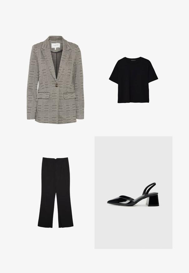 Gråternet blazer lavet af vævet stof. Har klapkraver, enkelt knaplukning, to forreste lommer og en struktureret silhuet.; Sort kortærmet crop-top med rund halsudskæring og enkel design lagt fladt på hvid baggrund.; Sorte bukser med lige pasform, der har frontlommer og slidser i kanten. Lavet af blødt, glat stof. Velegnet til forskellige anledninger.; Sorte patentlæder slingback hæle med spids tå og en geometrisk blok hæl. Har et elegant, minimalistisk design og en glat tekstur.