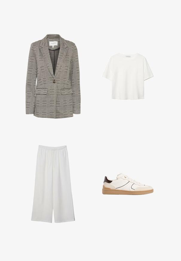 Harmaa ruudullinen bleiseri, joka on valmistettu kudotusta kankaasta. Ominaisuuksiin kuuluvat nurkka-lapelit, yksittäinen nappisulku, kaksi etutaskua ja jämäkkä siluetti.; Valkoinen lyhythihainen T-paita, joka on tehty puuvillasta. Siinä on pyöreä kaula-aukko ja rento malli. Silkkinen pinta ilman näkyviä kuvioita tai koristeita.; Valkoiset leveälahkeiset housut, jotka on valmistettu kevyestä kankaasta. Niissä on joustava vyötärö ja nauha säädettävää istuvuutta varten. Sileä pinta.; Stradivarius Matalavartiset tennarit - white