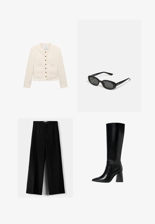 Biała teksturowana kurtka z okrągłym dekoltem, czterema przednimi kieszeniami i złotymi guzikami. Postrzępione krawędzie przy mankietach i u dołu.; Burgundowa kurtka typu cropped z długimi rękawami, zapinana na guziki, z dwoma kieszeniami na piersi i złotymi akcentami guzików. Gładki materiał i klasyczny fason kołnierza.; Koszulka polo z krótkim rękawem w głębokim burgundowym kolorze, wykonana z teksturowanej tkaniny, z dekoltem w kształcie litery V, trzema guzikami oraz usztywnionym kołnierzykiem.; Czarne spodnie szerokie, wykonane z lekkiego materiału, z zapięciem na guzik z przodu i gładkim przodem, z starannie wykończonymi brzegami.; Czarne skórzane botki do kolan z wąskim noskiem, gładką teksturą oraz masywnym, żłobionym obcasem dla stabilności. Elegancki design z minimalnymi akcentami.; Czarne okulary przeciwsłoneczne z owalnymi soczewkami, błyszcząca plastikowa oprawa i smukłe zauszniki. Posiadają białe logo Ray-Ban po boku.