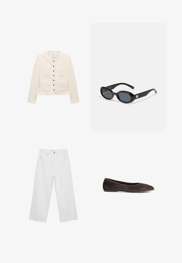 Vit texturerad jacka med rund halsringning, fyra framfickor och guldknappar. Fransade kanter vid ärmsluten och nederkant.; Vitt ärmlöst linne med fyrkantig halsringning, slät yta och figurnära design. Gjort av lättviktsmaterial.; Vita vida jeans i denim med hög midja, med fem fickor och metalldetaljer. Slät textur, inga synliga mönster.; Brun mocka ballerina med spetsig tå och låg profil. Har en jämn yta och en minimalistisk design. Inga synliga detaljer eller accenter.; Svarta ovala solglasögon med mörka linser, blank plastbåge, breda skaft och en liten guldkant på en sida.; DRAGON DIFFUSION ROSANNA - Handväska - dark brown