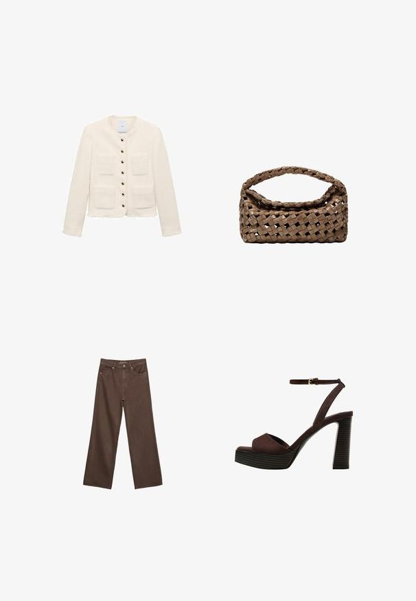 Bílá texturovaná bunda s kulatým výstřihem, čtyřmi předními kapsami a zlatými knoflíky. Roztrhané okraje na manžetách a lemu.; Světle šedé bavlněné tričko s krátkými rukávy, kulatým výstřihem a volným střihem. Obsahuje minimální švy a žádné viditelné vzory nebo akcenty.; Hnědé džíny s širokými nohavicemi vyrobené z denimu, s vysokým pasem, předními kapsami a klasickým zapínáním na knoflík. Hladká textura s jemným švem.; Hnědé semišové sandály na vysokém podpatku s otevřenou špičkou, nastavitelným páskem kolem kotníku a proužkovou platformou.; Tkaná hnědá kabelka s obdélníkovým tvarem, pevnou rukojetí a texturovaným povrchem. Disponuje uzavřeným vrchem a složitým vzorem tkaní.