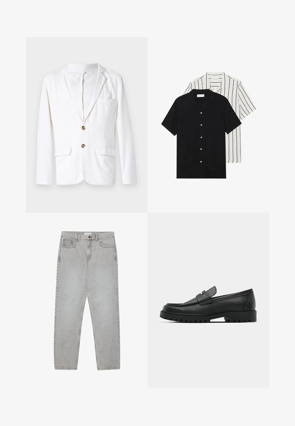 Vit linnet blazer med ett snibbslag, enkel knappstängning, två framfickor och en vänster bröstficka. Subtil texturerad tyg.; Två kortärmade skjortor: en helt svart och en vit med svarta vertikala ränder. Båda har knäppningar och en klassisk krage.; Ljusgrå denimbyxor med rak benform, femficksdesign och knappstängning. Synliga sömmar längs sömmarna.; Svarta lädersneakers med rund tå, med en sydd design, låg plattformssula och en texturerad, mönstrad gummisula.