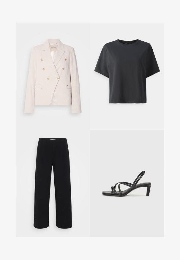 Mos Mosh JOLENE - Blejzr - feather gray; Černé bavlněné tričko, krátké rukávy, kulatý výstřih, volný střih, hladká textura, jednoduchý design, bez vzorů nebo akcentů.; Černé kalhoty s širokými nohavicemi a elastickým pasem. Vyrobené z texturovaného materiálu, mají volný střih a rovný zakončení od boků až po lem.; Černé sandály na tenkém podpatku se čtveratou špičkou a nízkým blokovým podpatkem. Mají několik tenkých popruhů a nastavitelné zapínání okolo kotníku. Vyrobeny z hladké kůže.
