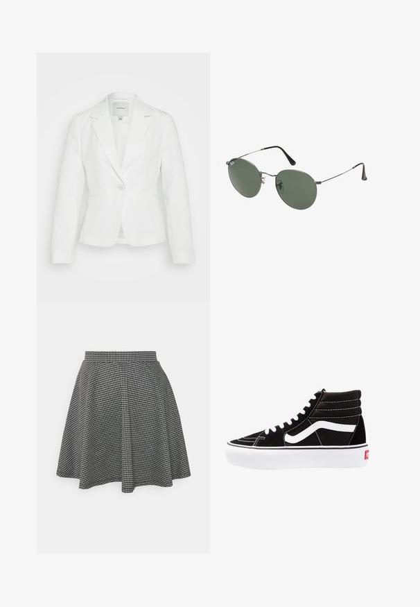 Valge bleiser, mis on valmistatud siledast kangast, millel on lõigatud krae, üksnupp sulgemine ja kaks eesmist taskut. Kohandatud sobivus puhaste joontega.; Kaks lühikeste varrukateta toppi mustas ja valges, valmistatud ribakudumist, ümarate kaelustega ja sobiva disainiga. Mõlemal on nähtavad sildid.; Mustvalge ruuduline skater seelik, millel on sobiv vöökoht ja laienev ääreosa, valmistatud tekstuurilisest kangast, mis näitab klassikalist mustrit.; Mustad mustad sneakers valge paeltega, valge logo ja kontraste valge õmblusega. Omab paksu valget talda ja tekstureeritud nahkiga ülemist osa.; Metallist raamistikuga prillid ovaalsete roheliste läätsedega. Õhuke hõbedane metallraam ja mustad kõrvakatted. Minimalistlik disain, nähtavad logod puuduvad.