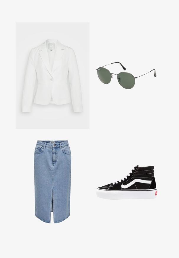 Valge bleiser, mis on valmistatud siledast kangast, millel on lõigatud krae, üksnupp sulgemine ja kaks eesmist taskut. Kohandatud sobivus puhaste joontega.; Kaks lühikeste varrukateta toppi mustas ja valges, valmistatud ribakudumist, ümarate kaelustega ja sobiva disainiga. Mõlemal on nähtavad sildid.; Heled sinine teksaseelik, millel on sirge lõige, ees lõhik, viie tasku disain ja lukuga nööbiga sulgemine.; Mustad mustad sneakers valge paeltega, valge logo ja kontraste valge õmblusega. Omab paksu valget talda ja tekstureeritud nahkiga ülemist osa.; Metallist raamistikuga prillid ovaalsete roheliste läätsedega. Õhuke hõbedane metallraam ja mustad kõrvakatted. Minimalistlik disain, nähtavad logod puuduvad.