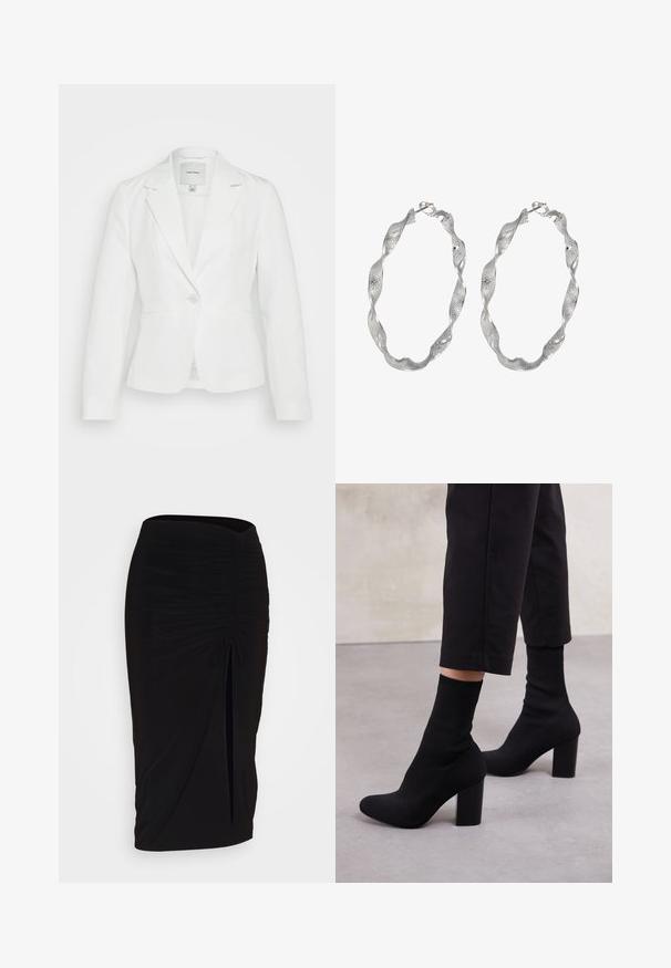 Weißer Blazer aus glattem Stoff, mit Reverskragen, einem einzigen Knopfverschluss und zwei Fronttaschen. Taillierte Passform mit klaren Linien.; Schwarzes, geripptes Tanktop mit gewellten Spitzenabschluss am Saum. Mit dünnen Trägern und einer figurbetonten Passform. Hergestellt aus dehnbarem Material.; Schwarzer, geraffter Bleistiftrock mit Bindegürtel und seitlichem Schlitz. Hergestellt aus einem dehnbaren Stoff, mit glatter Textur und figurschmeichelndem Design.; Schwarze, knöchelhohe Stiefel mit einem gerippten, sockenartigen Obermaterial, glatter Oberfläche, abgerundeter Zehenform und einem Blockabsatz für Stabilität.; Silberne Creolen mit einem verdrehten Design, das eine strukturierte Oberfläche und einen sicheren Verschluss aufweist. Leicht und reflektierend mit einer eleganten Oberfläche.