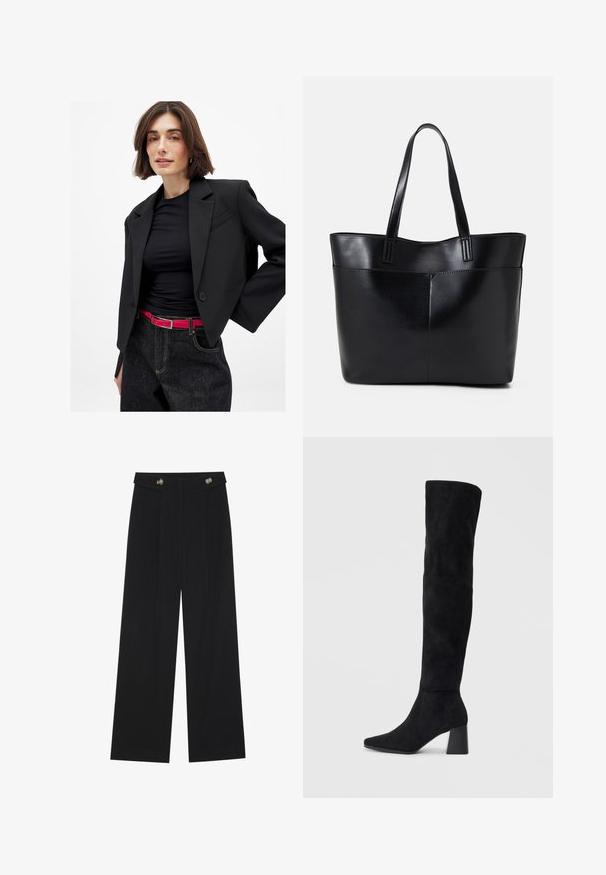Lühikeste pruunide juustega naine, kes kannab musta lühikest bleiserit, musta toppi, tumedaid teksaseid ja erksat punast vööd, poseerib valge tausta taustal.; Mustsärgid musta tooniga, pika varrukaga, flöödid käised, pehme tekstuur ja vabalt langev lõige, lihtsa ümaraga kaelusega.; Mustad laiad püksid kõrge vöökoha ja nööpdetailidega vööandil, esikortsudega.; Must must ümberpööratud musta nahast põlve kõrgune saapad blokknõelaga, terava varbaga ja sujuva, õmblusteta disainiga, asetatud heledale taustale.; Must mustaga musta nahast, millel on kaks pikka kanda, sile tekstuur ja struktureeritud kuju. Esipoolsel on lisakoti jaoks tasku.
