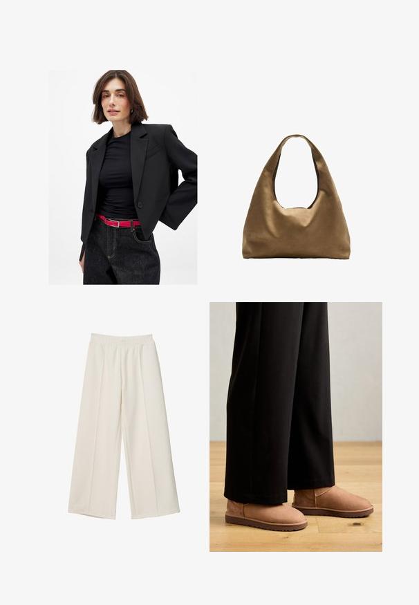 Kobieta z krótkimi brązowymi włosami, ubrana w czarną skórzaną marynarkę na krótki rękaw, czarną bluzkę, ciemne dżinsy oraz jaskrawoczerwoną pasek, pozująca na tle białym.; Kremowa koszulka polo z długimi rękawami i cienkimi bordowymi paskami, z klasycznym kołnierzykiem i zapięciem na trzy guziki, wykonana z miękkiego materiału.; Szerokie, kremowe spodnie z elastycznym pasem i detalami szwu z przodu, wykonane z gładkiego materiału.; Brązowe zamszowe botki za kostkę z płaską gumową podeszwą, okrągłym noskiem i minimalnym przeszyciem, noszone z czarnymi spodniami wide-leg na drewnianej podłodze.; Brązowa torba na ramię z szerokim, zaokrąglonym kształtem i dużym wyciętym uchwytem. Miękka tekstura, minimalistyczny design i brak widocznych elementów metalowych.