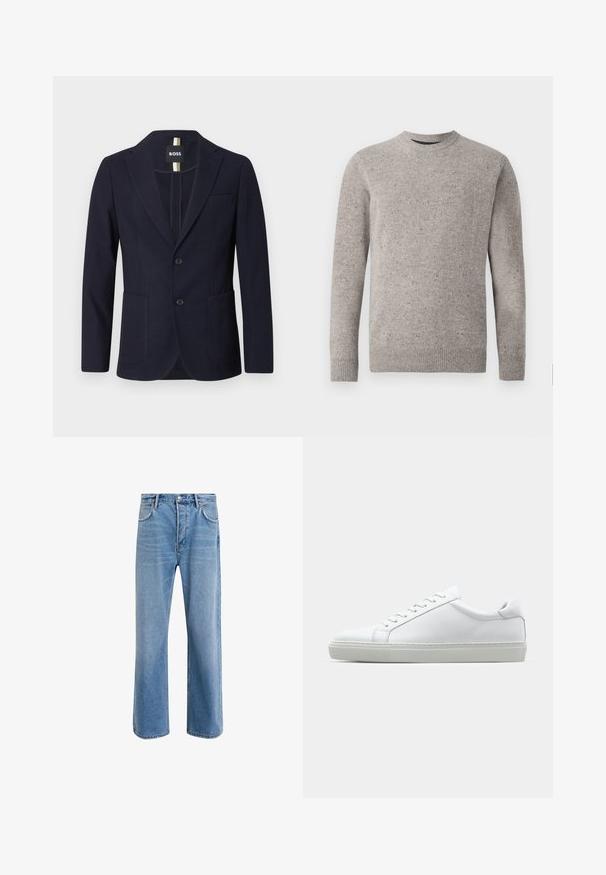 Granatowy żakiet wykonany z teksturowanej tkaniny, z klapami o kroju w szpic, dwiema kieszeniami z przodu oraz zapięciem na dwa guziki. Metka BOSS wewnątrz.; Jasnoszary sweter dziany z okrągłym dekoltem, długimi rękawami i prążkowanymi mankietami oraz dołem. Teksturowany wzór z kolorowymi plamkami.; Jasnoniebieskie dżinsy o prostym kroju, pięć kieszeni, zapięcie na guzik, minimalne blaknięcia i kontrastowe wykończenia szwów.; Białe sneakersy z gładką skórzaną cholewką i niskim profilem. Posiadają okrągły nos, sześć dziurek na sznurówki oraz teksturowaną gumową podeszwę.